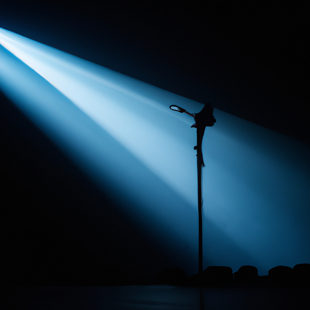 Spotlit microphone on stage with audience silhouettes